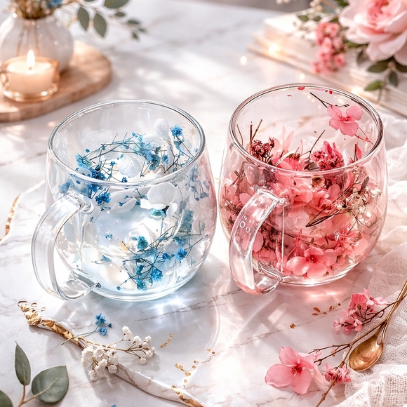 Other - Pressed Flower Glass Mug Set Pink Blue – Aesthetic Floral Tea Cups Handmade Gift